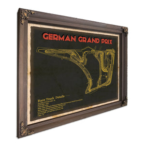 German Grand Prix Blueprint Race Track Print in a Bourbon stained wood frame with antique gold corners