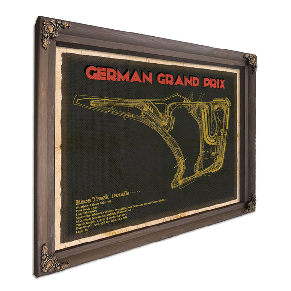 German Grand Prix Blueprint Race Track Print in a Bourbon stained wood frame with antique gold corners