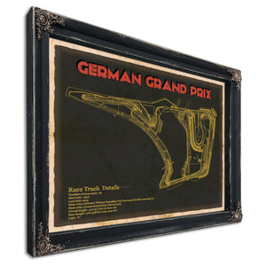 German Grand Prix Blueprint Race Track Print in a distressed Vintage Black wood frame with ornate corners