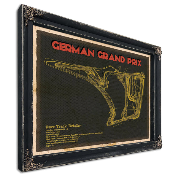 German Grand Prix Blueprint Race Track Print in a distressed Vintage Black wood frame with ornate corners