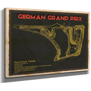 German Grand Prix Blueprint Race Track Print as a stretched canvas wrap with gallery wrapped edges