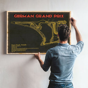 German Grand Prix Blueprint Race Track Print framed in Vintage Black above a mid-century record console