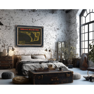 German Grand Prix Blueprint Race Track Print framed in Vintage Black in a farmhouse entryway