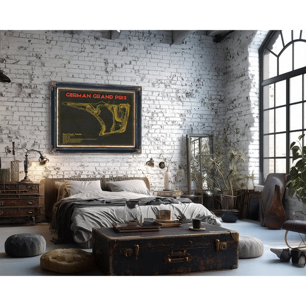German Grand Prix Blueprint Race Track Print framed in Vintage Black in a farmhouse entryway