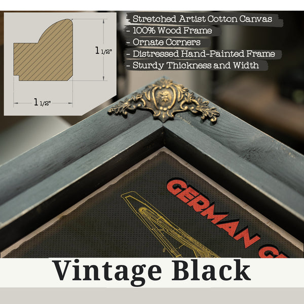Vintage Black frame corner detail, 1.5 inch ornate wood moulding, German Grand Prix Blueprint Race Track Print