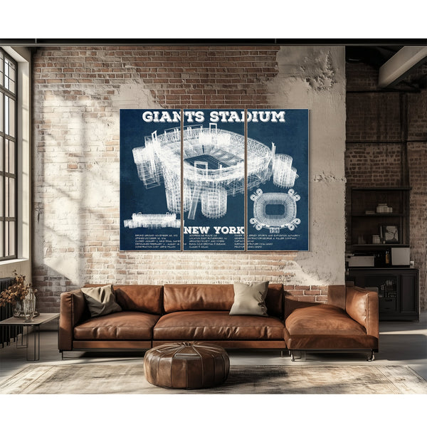 Giants Stadium - The Meadowlands New York Print as a 3 panel canvas wrap above a leather sofa