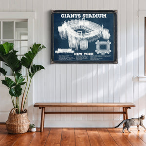 Giants Stadium - The Meadowlands New York Print framed in Vintage Black above a rustic console table