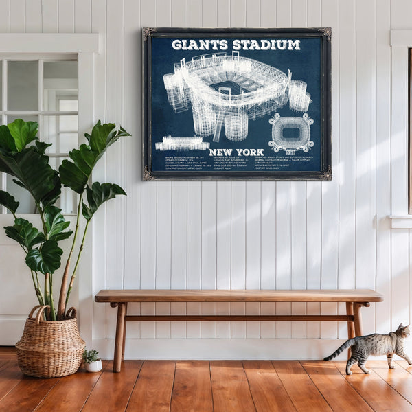 Giants Stadium - The Meadowlands New York Print framed in Vintage Black above a rustic console table