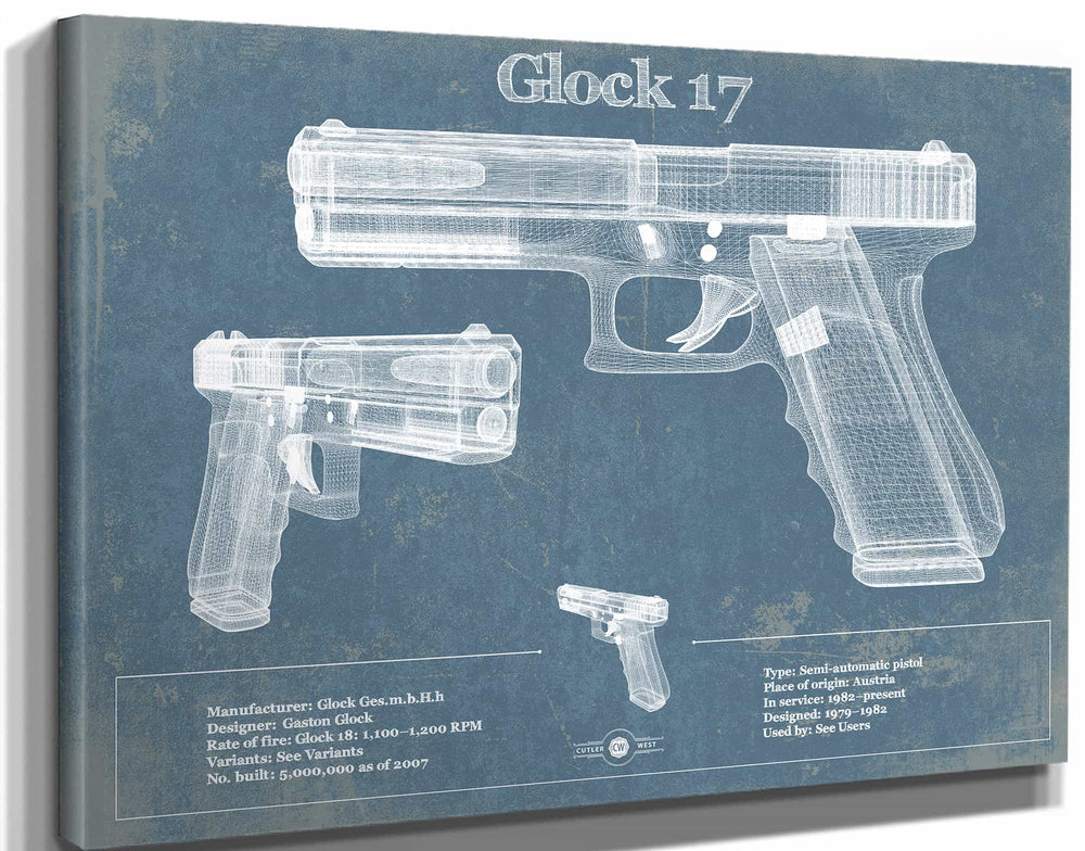 14" x 11" / Stretched Canvas Wrap Cutler West Glock 17 Blueprint Vintage Gun Print