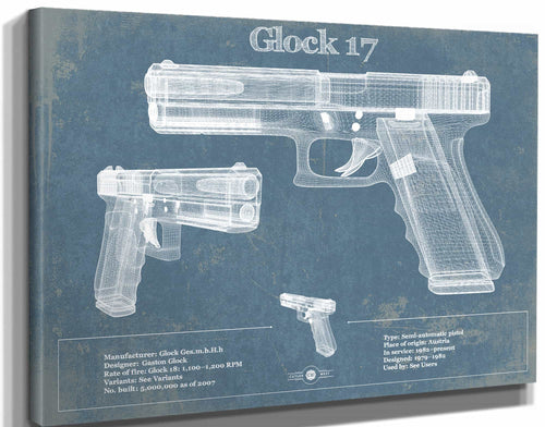 14" x 11" / Stretched Canvas Wrap Cutler West Glock 17 Blueprint Vintage Gun Print