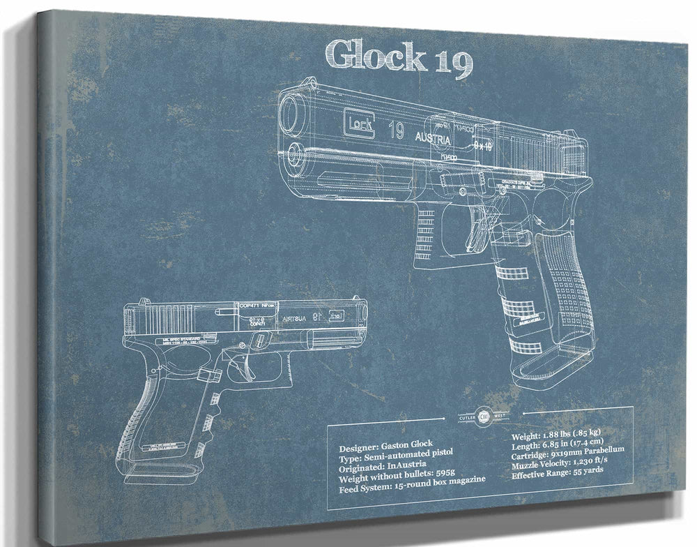 14" x 11" / Stretched Canvas Wrap Cutler West Glock 19 Blueprint Vintage Gun Print
