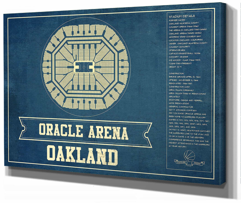 14" x 11" / Stretched Canvas Wrap Cutler West Golden State Warriors - Oracle Arena Vintage Basketball Blueprint Framed NBA Print