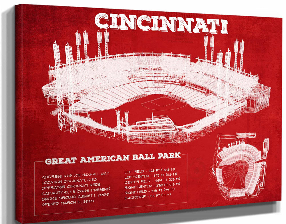 14" x 11" / Stretched Canvas Wrap Cutler West Great American Ballpark - Vintage Cincinnati Reds Baseball Print