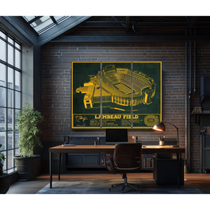 Green Bay Packers - Lambeau Field Stadium Print as a 3 panel canvas wrap in an industrial loft office