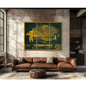 Green Bay Packers - Lambeau Field Stadium Print as a 3 panel canvas wrap above a leather sofa