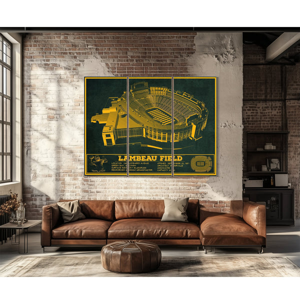 Green Bay Packers - Lambeau Field Stadium Print as a 3 panel canvas wrap above a leather sofa
