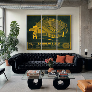 Green Bay Packers - Lambeau Field Stadium Print as a 3 panel canvas wrap in a modern living room