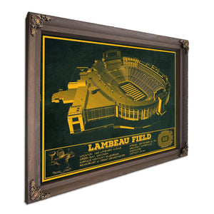 Green Bay Packers - Lambeau Field Stadium Print in a Bourbon stained wood frame with antique gold corners