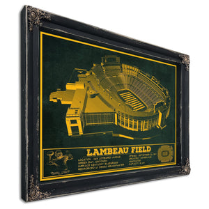 Green Bay Packers - Lambeau Field Stadium Print in a distressed Vintage Black wood frame with ornate corners