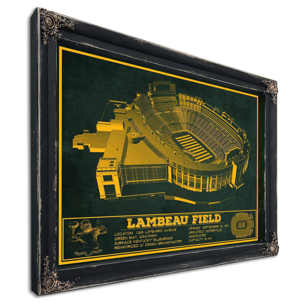 Green Bay Packers - Lambeau Field Stadium Print in a distressed Vintage Black wood frame with ornate corners