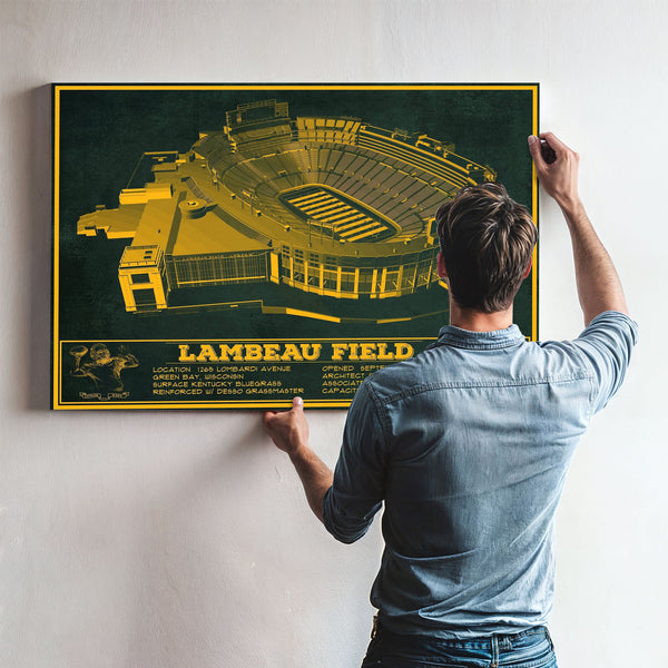 Green Bay Packers - Lambeau Field Stadium Print framed in Vintage Black above a mid-century record console