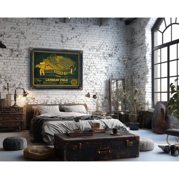 Green Bay Packers - Lambeau Field Stadium Print framed in Vintage Black in a farmhouse entryway