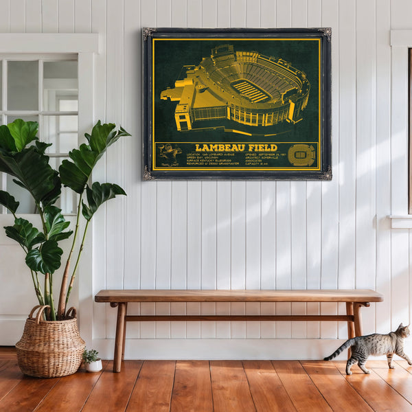 Green Bay Packers - Lambeau Field Stadium Print framed in Vintage Black above a rustic console table