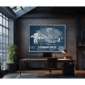 Green Bay Packers - Lambeau Field Stadium Print as a 3 panel canvas wrap in an industrial loft office