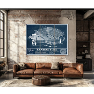 Green Bay Packers - Lambeau Field Stadium Print as a 3 panel canvas wrap above a leather sofa