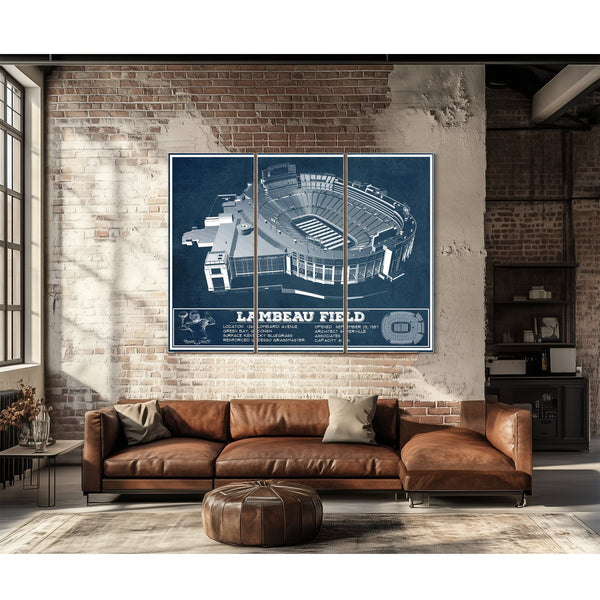 Green Bay Packers - Lambeau Field Stadium Print as a 3 panel canvas wrap above a leather sofa