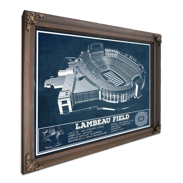 Green Bay Packers - Lambeau Field Stadium Print in a Bourbon stained wood frame with antique gold corners