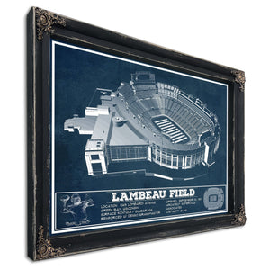 Green Bay Packers - Lambeau Field Stadium Print in a distressed Vintage Black wood frame with ornate corners