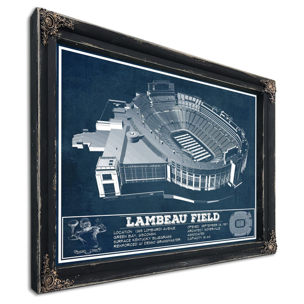 Green Bay Packers - Lambeau Field Stadium Print in a distressed Vintage Black wood frame with ornate corners