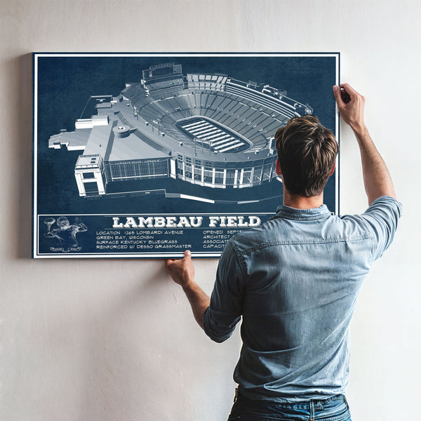 Green Bay Packers - Lambeau Field Stadium Print framed in Vintage Black above a mid-century record console