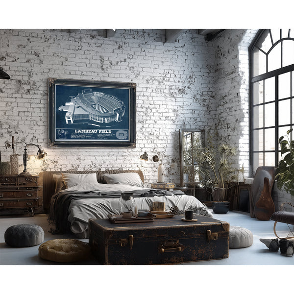 Green Bay Packers - Lambeau Field Stadium Print framed in Vintage Black in a farmhouse entryway