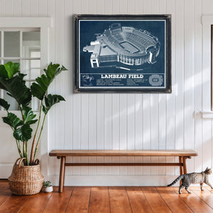 Green Bay Packers - Lambeau Field Stadium Print framed in Vintage Black above a rustic console table
