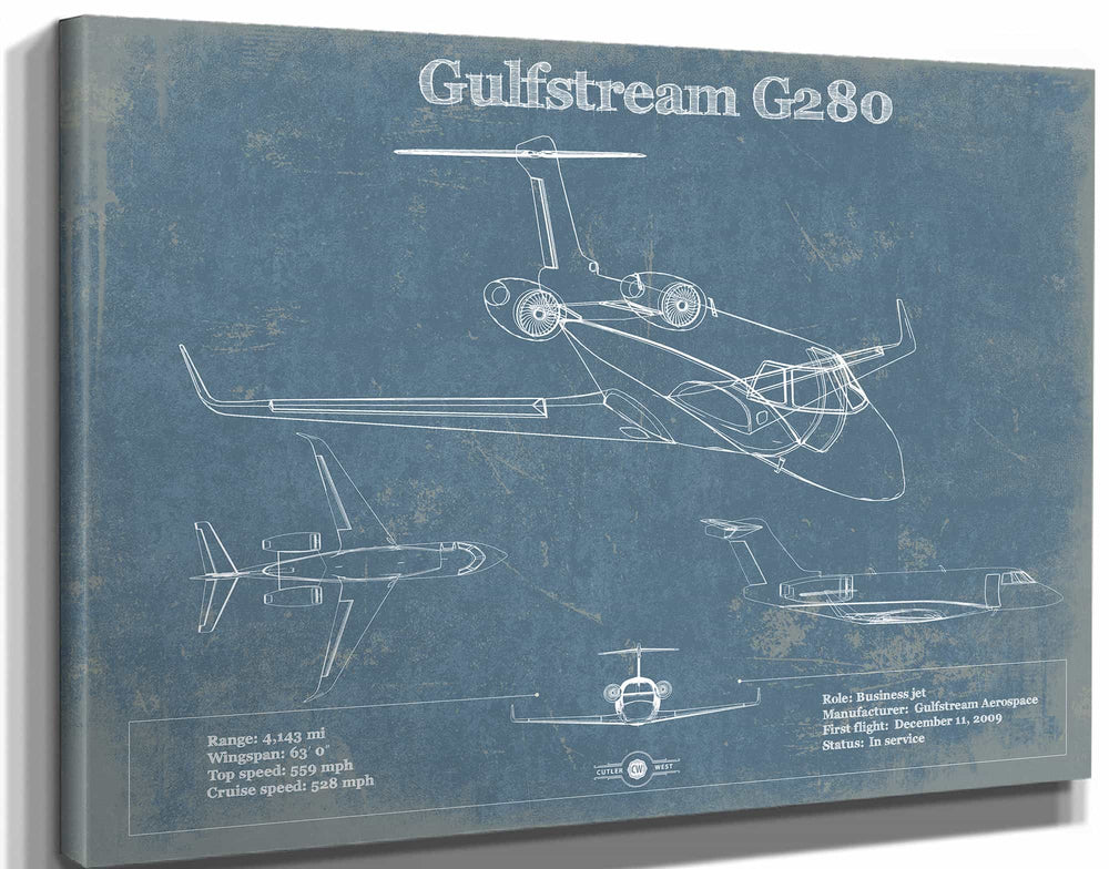 14" x 11" / Stretched Canvas Wrap Cutler West Gulfstream G280 Vintage Blueprint Airplane Print