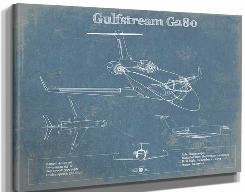 14" x 11" / Stretched Canvas Wrap Cutler West Gulfstream G280 Vintage Blueprint Airplane Print