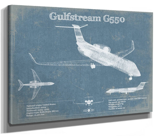 14" x 11" / Stretched Canvas Wrap Cutler West Gulfstream G550 Jet Vintage Aviation Blueprint