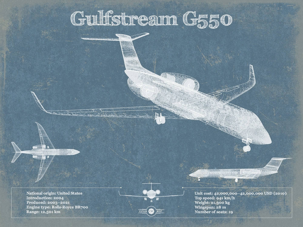 14" x 11" / Stretched Canvas Wrap Cutler West Gulfstream G550 Jet Vintage Aviation Blueprint