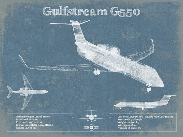 14" x 11" / Unframed Cutler West Gulfstream G550 Jet Vintage Aviation Blueprint