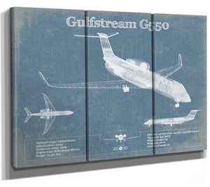 36" x 24" / 3 Panel Canvas Wrap Cutler West Gulfstream G550 Jet Vintage Aviation Blueprint