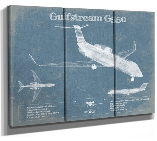 36" x 24" / 3 Panel Canvas Wrap Cutler West Gulfstream G550 Jet Vintage Aviation Blueprint
