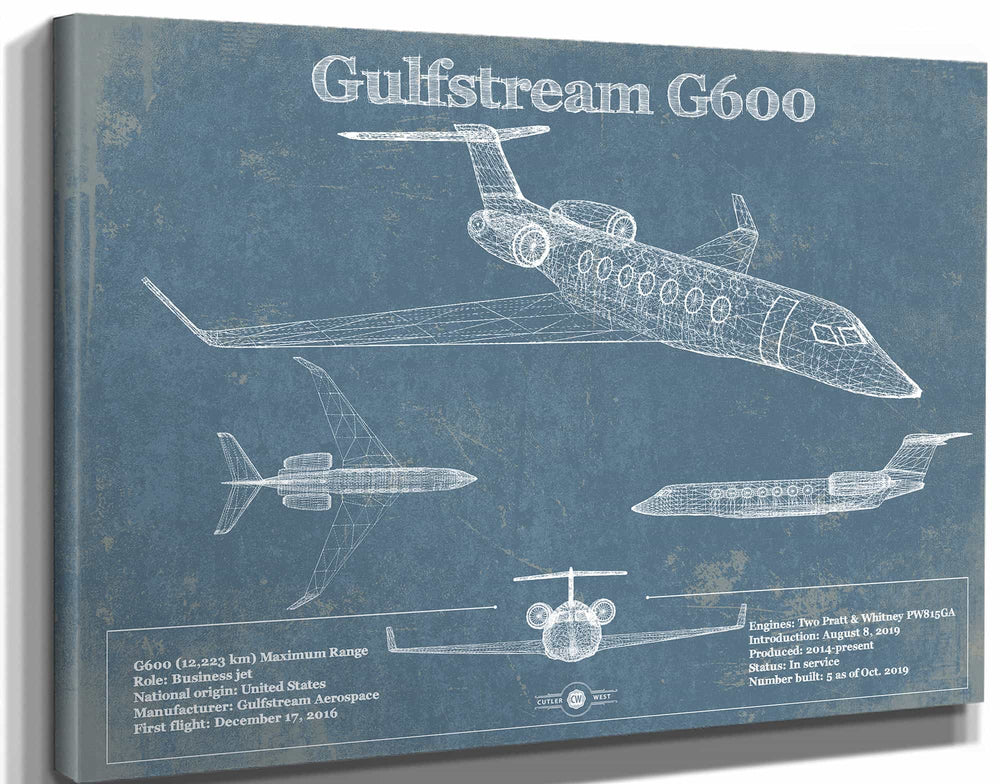 14" x 11" / Stretched Canvas Wrap Cutler West Gulfstream G600 Jet Vintage Aviation Blueprint