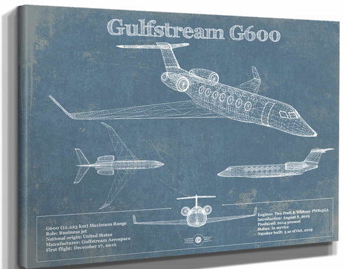 14" x 11" / Stretched Canvas Wrap Cutler West Gulfstream G600 Jet Vintage Aviation Blueprint