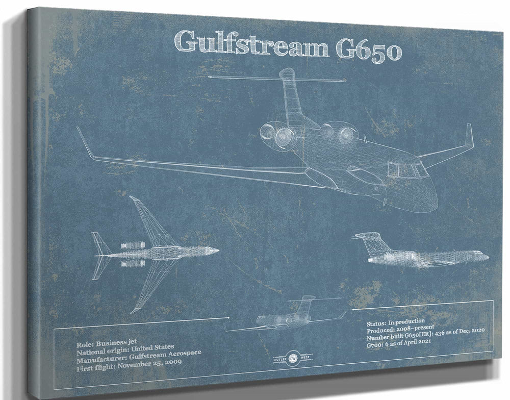 14" x 11" / Stretched Canvas Wrap Cutler West Gulfstream G650 Jet Vintage Aviation Blueprint