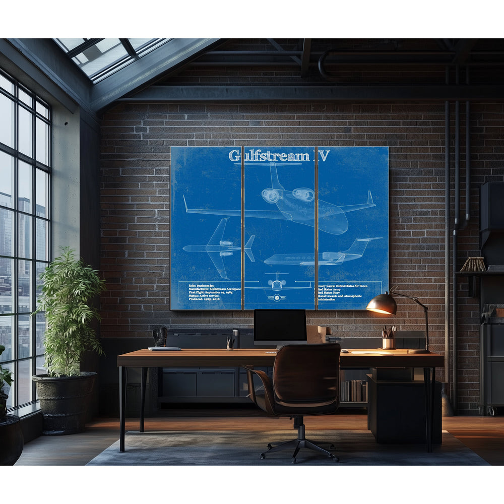 Gulfstream IV Jet Blueprint Aviation Print in a distressed Vintage Black wood frame with ornate corners