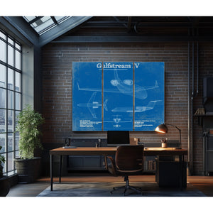 Gulfstream IV Jet Blueprint Aviation Print as a 3 panel canvas wrap in an industrial loft office