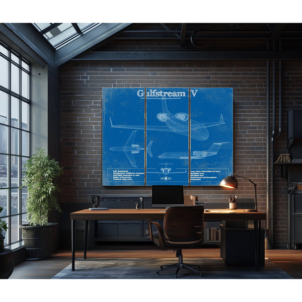 Gulfstream IV Jet Blueprint Aviation Print as a 3 panel canvas wrap in an industrial loft office