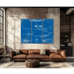 Gulfstream IV Jet Blueprint Aviation Print as a 3 panel canvas wrap above a leather sofa